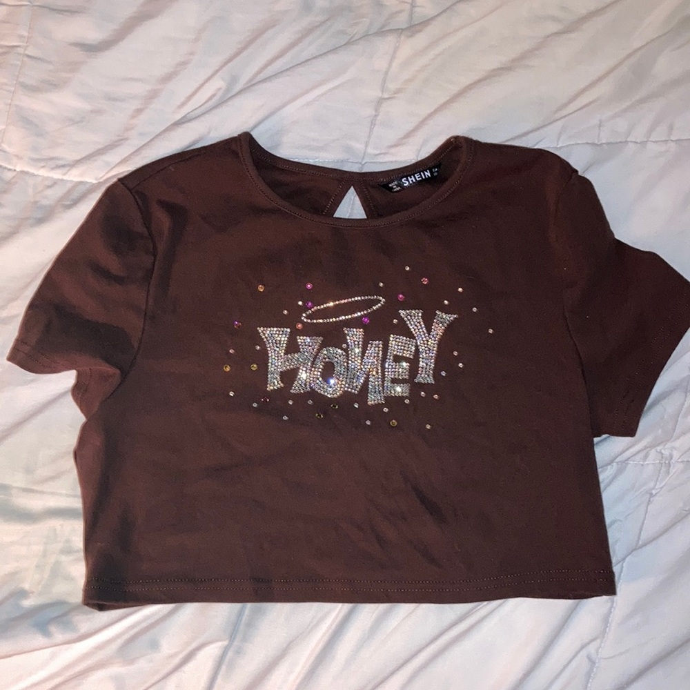 Shein women’s brown honey top, jeweled crop top